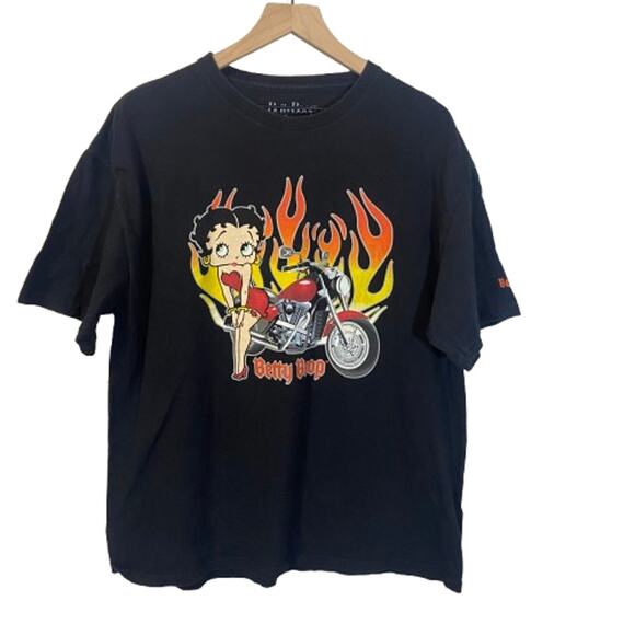Betty Boop Graphic T-Shirt Biker Tee Flames Retro Black Motorcycle Print Sz XL - Picture 1 of 8